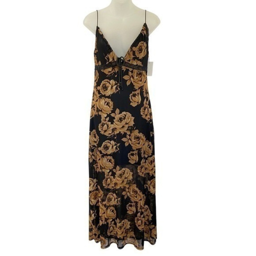 Dark Floral Romantic Goth Mesh Maxi Slip Dress Women M/L Black‎ Gold Whimsigoth